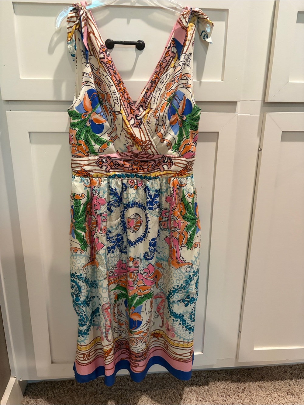 Collette Dinnigan V-Neck Midi Dress in Cream with Multicolor Floral Print